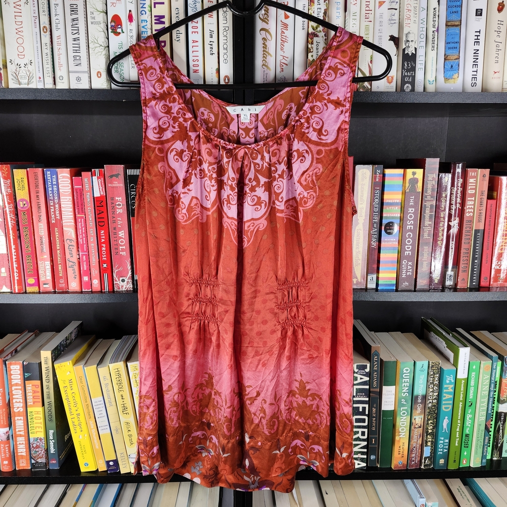 CAbi Red and Pink Sleeveless Silk Blouse